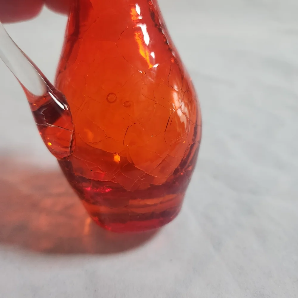 Vintage Red Orange Crackle Blown Art Glass Creamer